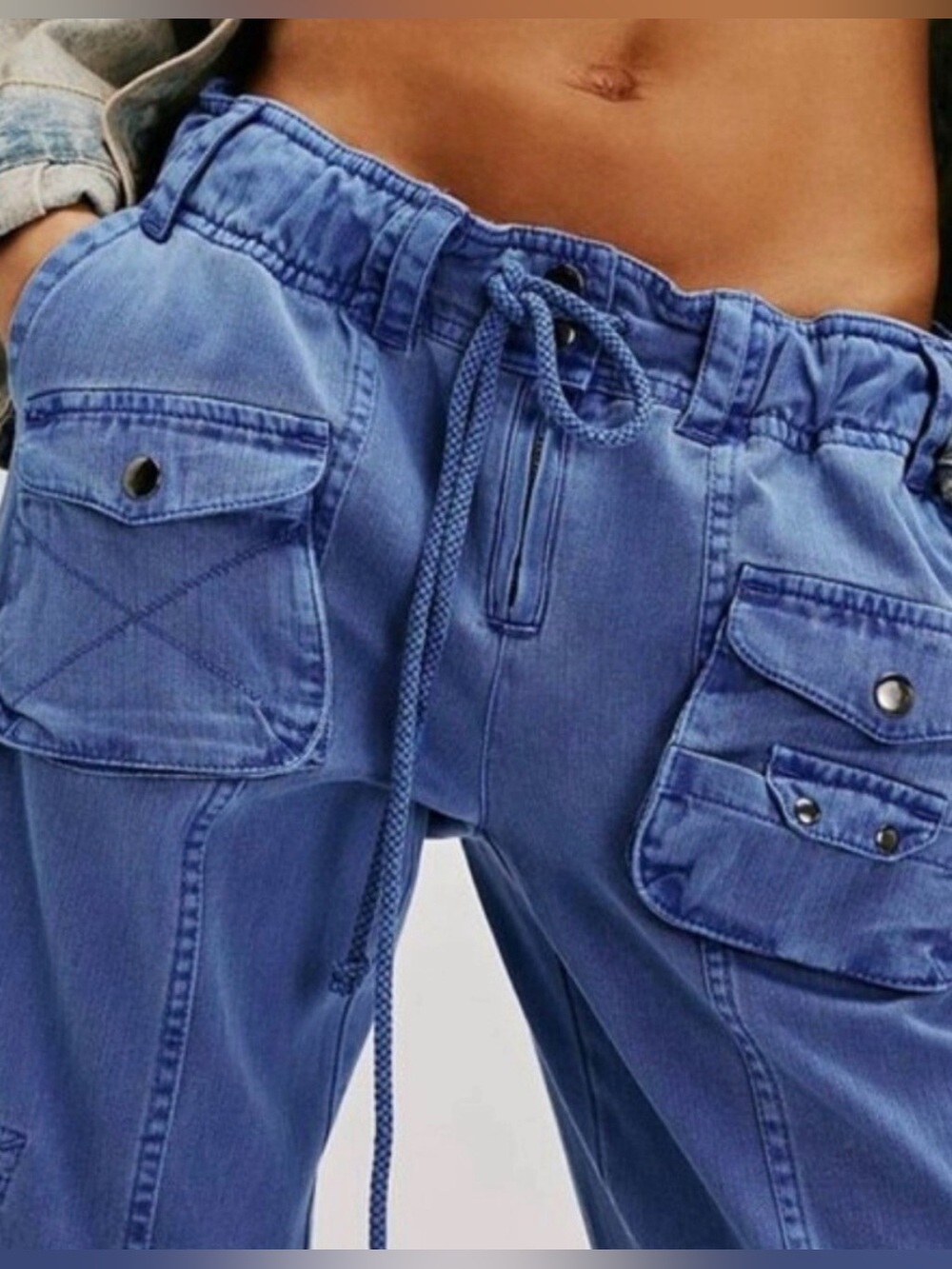 FREE PEOPLE Tahiti Straight Cargo Pants in Blue Low-Rise Slouchy drawstring EUC